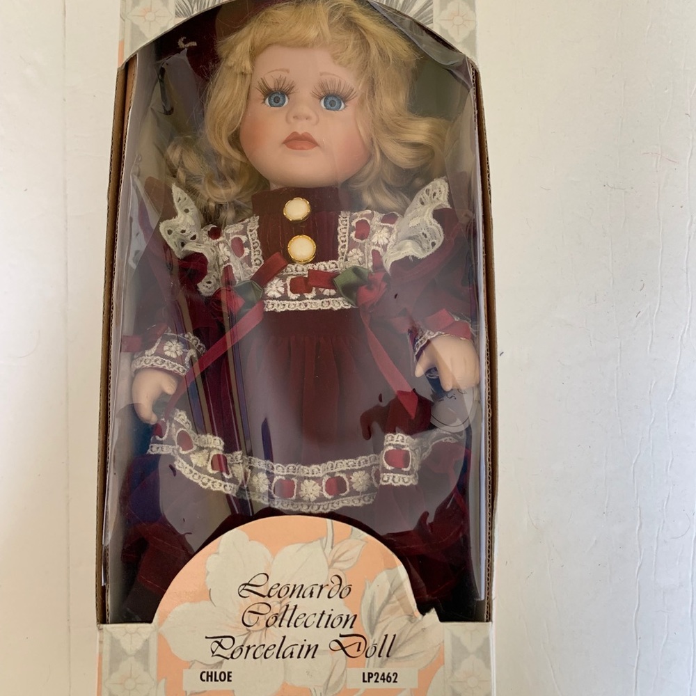 Collectible 13” Porcelain Doll Blond Girl dark red velvet costume hat NEW Box